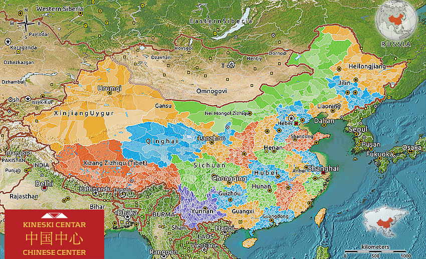 Political 3d map of China, satellite outside.